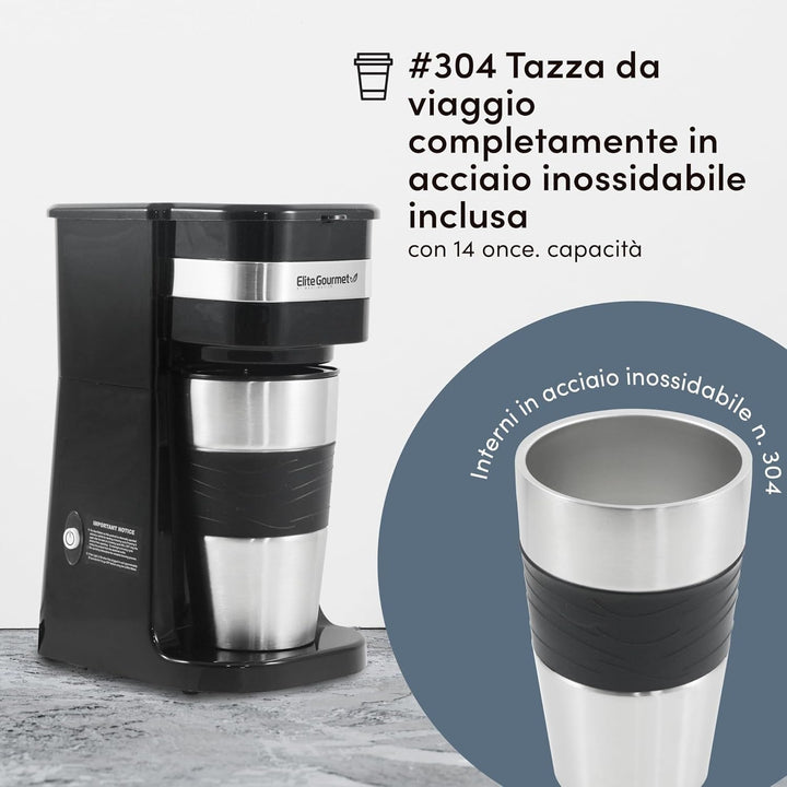 Elite Gourmet EHC111A# Cafetieră cu filtru cu porție unică, compactă, plus cană de călătorie termo cu interior din oțel inoxidabil, pentru cafea măcinată, filtru reutilizabil, 398 ml, negru