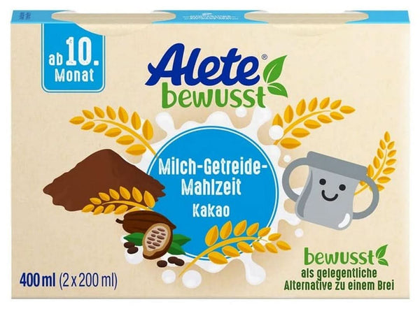 Alete Bewusst Milch-Getreide-Mahlzeit Kakao, Ab Dem 10. Monat, Trinkfertige Babynahrung Mit Kakaopulver, Praktischer Ersatz Zu Babybrei, Warm Oder Kalt Trinken, 400 Ml (2 X 200 Ml)