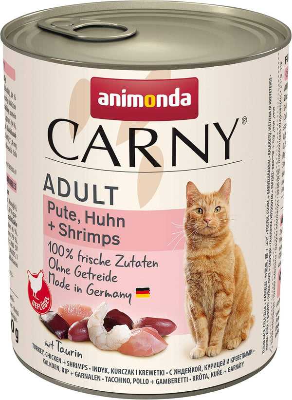 Animonda Carny Hrană umedă pentru pisici Turcia + Pui + Creveți (6 X 800G), Hrană umedă pentru pisici fără cereale, fără zahăr, cu ingrediente din carne proaspătă