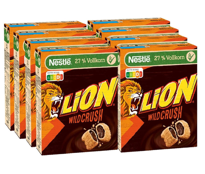 Cereale LION Wildcrush, ciocolată și caramel Cereale pentru micul dejun, pachet de 8 x 360 grame