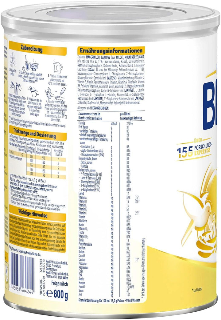 Nestlé BEBA 3 lapte praf de continuare, formulă de continuare de la 10 luni, pachet de 3 (3 X 800G)