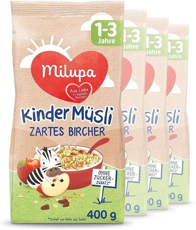 Milupa Kindermüsli Feine Früchte – Getreide Frühstück Müsli Von 1 Bis 3 Jahre, Ohne Zuckerzusatz, Babynahrung, 4 X 400G