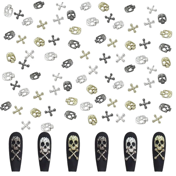 Set de decorațiuni pentru unghii cu craniu în formă de cruce, 120 de piese, brelocuri pentru unghii din metal auriu-argintiu, bijuterii din aliaj punk pentru manichiură, accesorii cu pietre strălucitoare