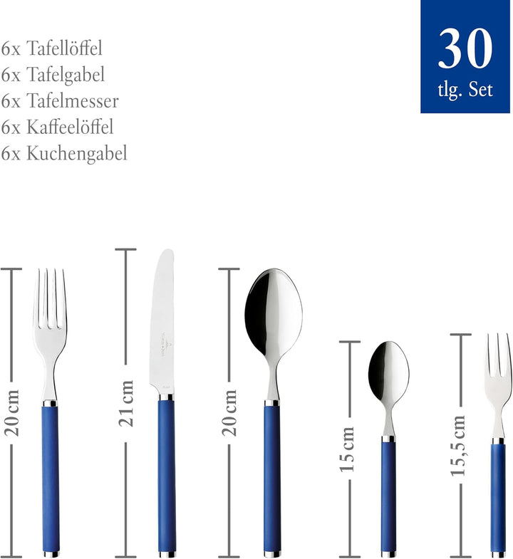 Villeroy & Boch – Play! Blue Ocean Tafelbesteck, Set 30 Teilig Blau, Spülmaschinenfest, Besteck Bunte Griffe, Besteck Kunststoffgriffe, Besteck Set, Essbesteck, Messer, Gabel, Edelstahl, Kunststoff