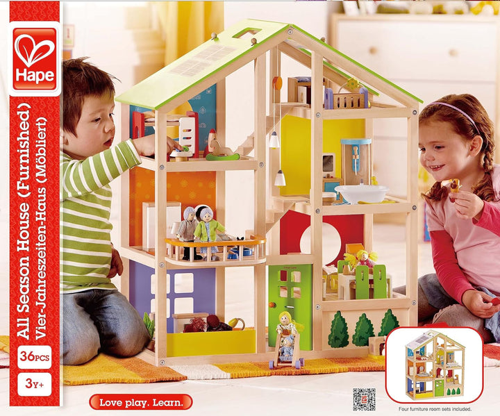 Hape Four Seasons Wooden Doll's House Casă de păpuși premiată cu trei etaje, cu mobilier, accesorii, scări mobile și acoperiș reversibil pentru fiecare sezon