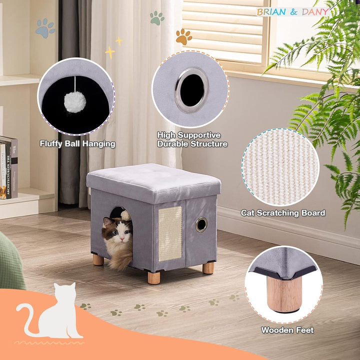 BRIAN & DANY Peșteră pliabilă pentru pisici mari, Casă pentru pisici cu zgârietură și minge de joacă, Taburet tip piept cu picioare din lemn 37 x 31,8 x 36 cm, Gri
