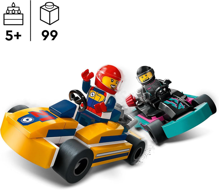 LEGO City Go-Karts cu piloți, set cu 2 minifigurine de piloți și mașini de curse, jucărie pentru mașini de la 5 ani pentru băieți și fete, cadou distractiv pentru copii 60400
