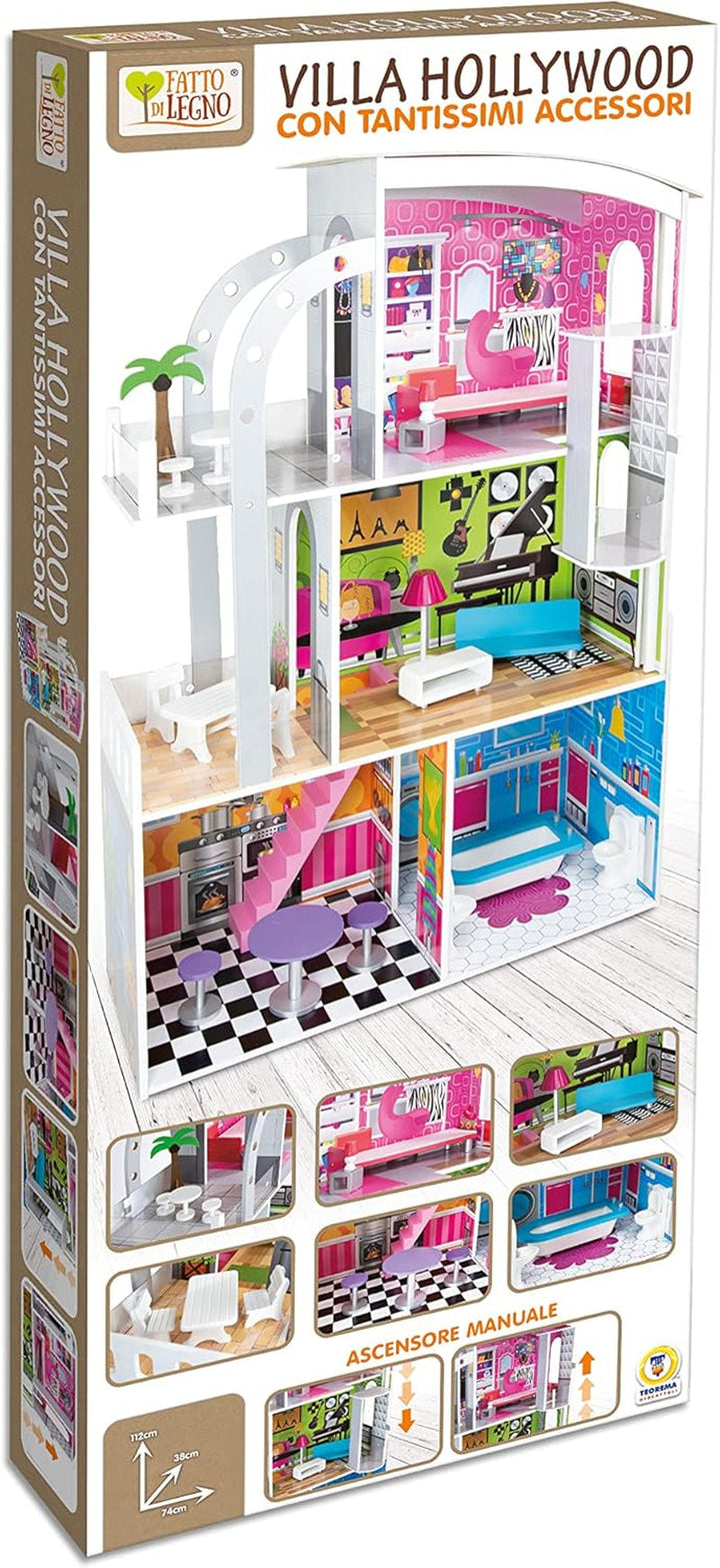Teorema 40642 - Casa de papusi Tema Hollywood, 4 camere, Cu accesorii din lemn, Ridicare manuala, Inaltime 110 Cm