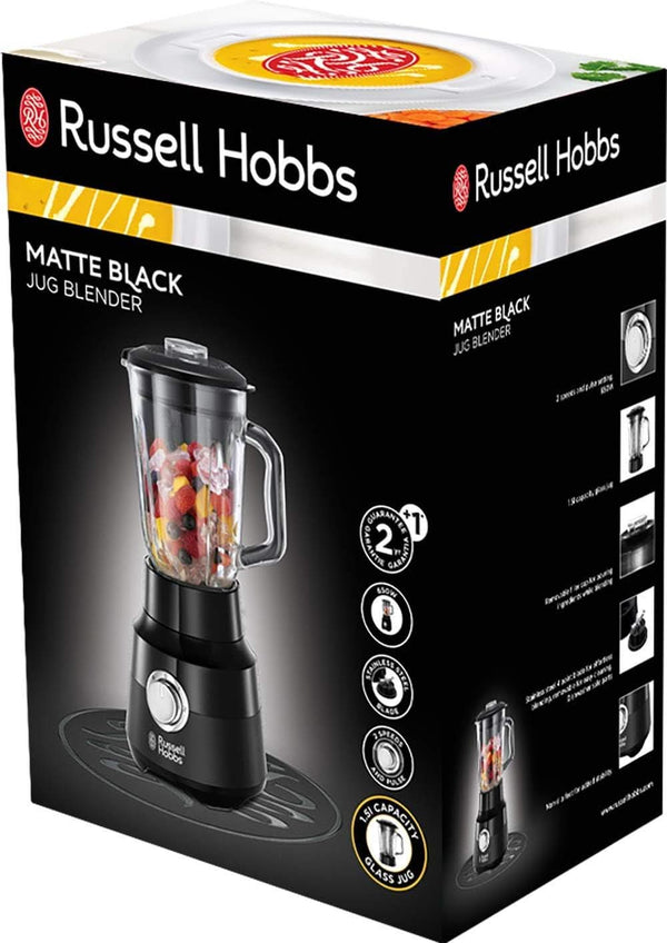 Russell Hobbs Standmixer [1,5L Glasbehälter] Matt Schwarz (Starker 0.9PS Motor, Impuls-/Ice-Crush-Funktion, Edelstahlmesser, Bpa-Frei Mixer, Elektrischer Zerkleinerer, Smoothie-Maker) 24722-56