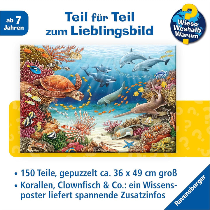 Ravensburger children's puzzle 13411 - Creaturi marine pe reciful de corali - De ce? De ce? De ce? Puzzle 150 piese XXL + poster de cunoștințe, pentru copii de la 7 ani