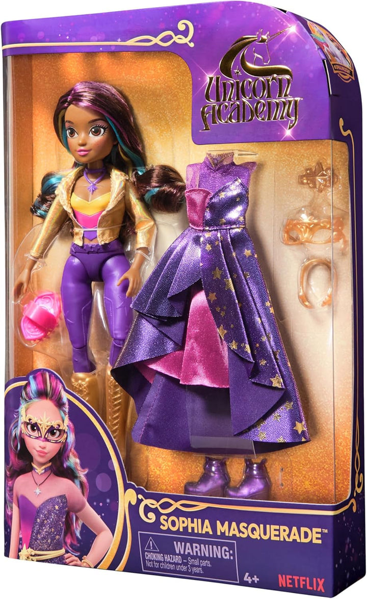 Unicorn Academy Deluxe Masked Ball Sophia - păpușă de 24 cm din popularul serial Netflix cu 2 ținute, dress-up clasic și joc de rol, vârsta 4+