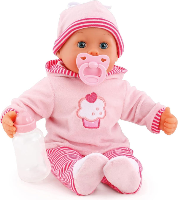 Păpușă First Words cu ochi adormiți, vorbește 24 de sunete de bebeluș, cu păpușă și biberon, 38 cm, roz/stripes