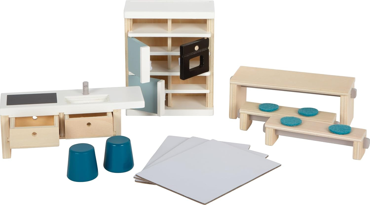 Casă de păpuși din lemn Small Foot, culori naturale - 3 etaje cu terasă pe acoperiș și set de mobilier din 51 de piese, încurajează jocul creativ, potrivită de la 3 ani, 12541 Casute de papusi Naty Shop