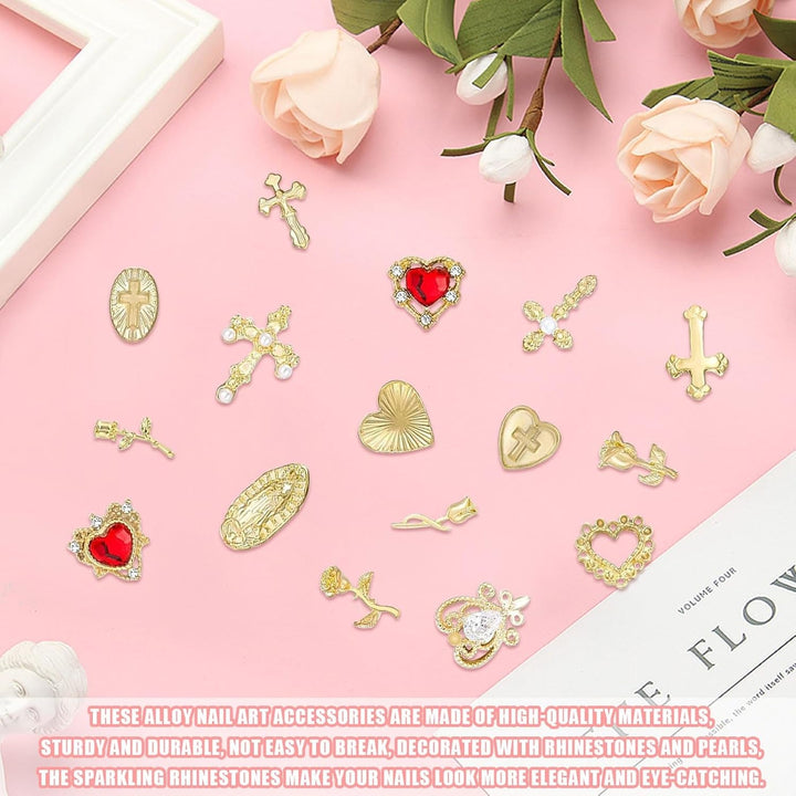 Talisane aurii pentru unghii, 80 de piese cu cruce, trandafir, inimă, pietre prețioase pentru unghii Fecioara Maria, accesorii pentru unghii din aliaj metalic pentru decorațiuni de design pentru manichiură, meșteșuguri DIY