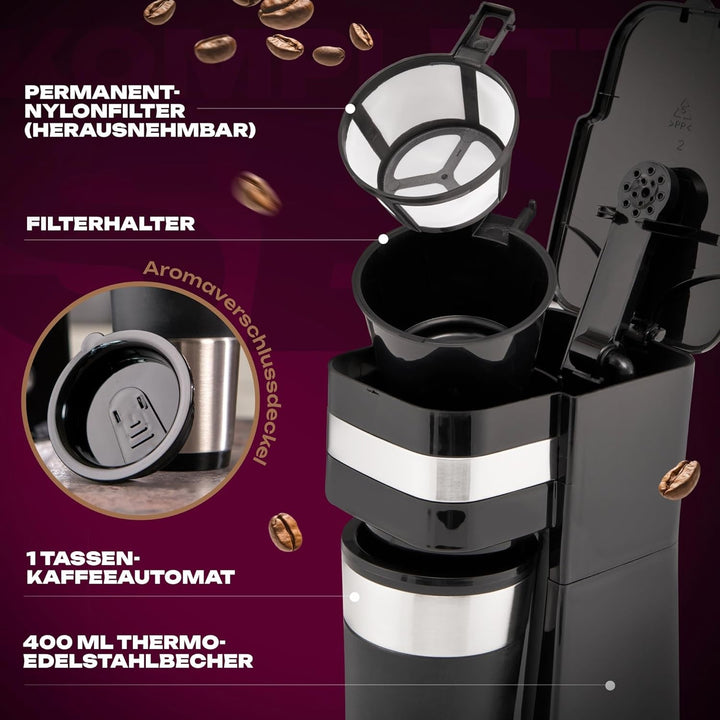 Cafetieră Clatronic | Cafea pentru pachet cană 400 ml | Pentru toate suporturile obișnuite pentru băuturi (de ex. mașină) | Cafetieră cu filtru | Filtru permanent din nailon | Cană din oțel inoxidabil cu capac aromatizat | KA 3733