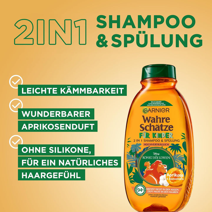 Garnier Shampoo Für Kinder, Mildes 2-In1 Pflegeshampoo Für Empfindliches Haar Und Leichte Kämmbarkeit, Mit Aprikose Und Baumwollblüte, Wahre Schätze Kids, 6 X 250 Ml