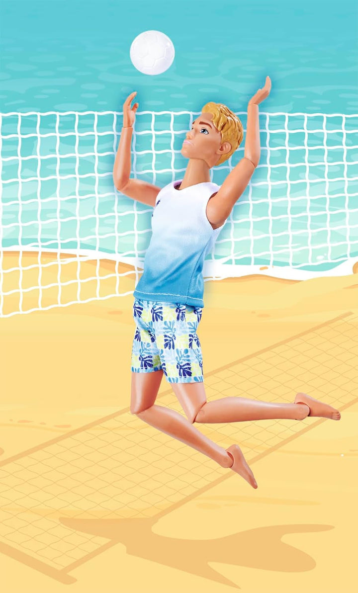 Steffi Love Beach Kevin, Kevin în costum de baie cu tricou și mingea de volei, complet mobil, 30cm păpușă de joacă, de la 3 ani, alb
