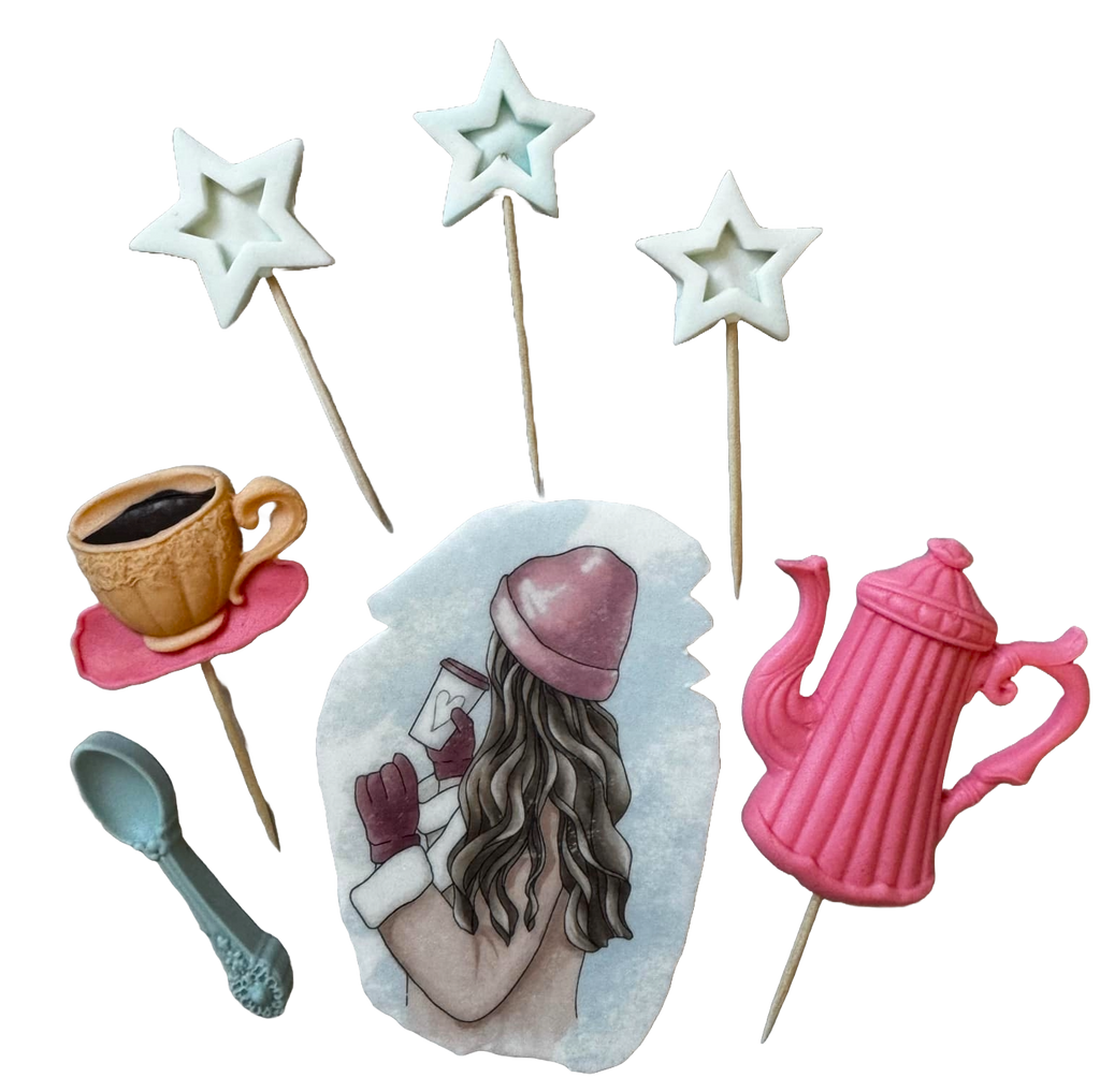 Lot de 7 décorations comestibles en pâte à sucre, Belle Dame, chapeau rose