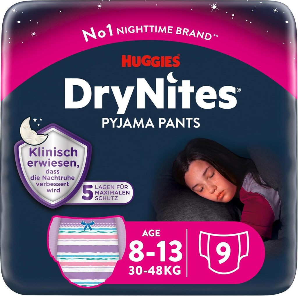 Huggies Drynites Nachtwindeln, Für Mädchen 8-13 Jahre (30-48 Kg), Hochabsorbierende Bei Bettnässen, 9 Stück (1Er Pack) Windel-Pants