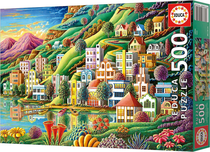 Educa - Puzzle 500 piese pentru adulți | Satul colorat de lângă lac, puzzle 500 piese pentru adulți și copii de la 11 ani, puzzle peisaj, ilustrație (19552)