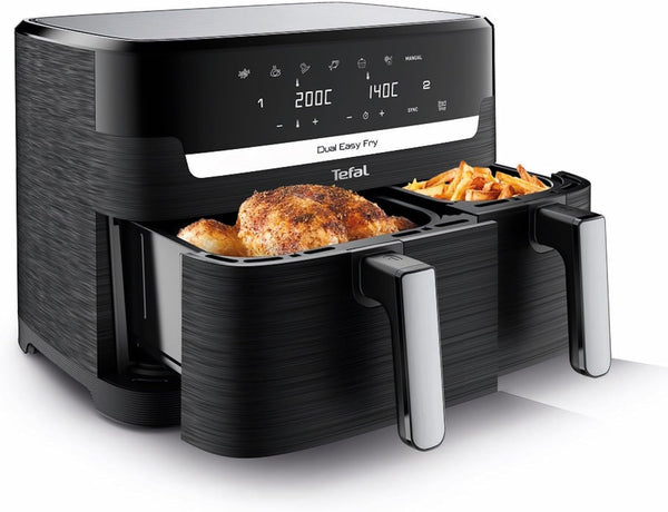 Tefal Dual Easy Fry Heißluftfritteuse Doppelkammer, 5,2/3,1 L Fassungsvermögen, Zwei Unabhängige Schubladen, 7 Programme, Energiesparender Airfryer, Schwarz, EY9018