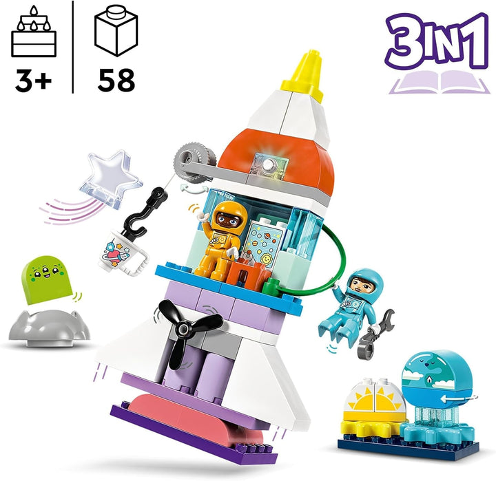 Naveta spațială LEGO DUPLO 3 în 1 pentru o mulțime de aventuri, set spațial cu jucărie rachetă pentru copii de construit, jucărie pentru știință și abilități motorii pentru dezvoltare timpurie, cadou pentru copiii de 3 ani 10422