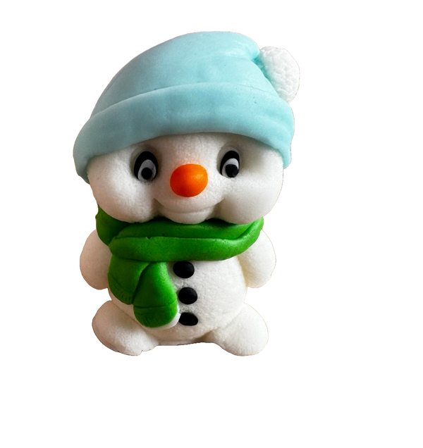 Décoration comestible en pâte à sucre, Bonhomme de neige avec écharpe verte et bonnet bleu