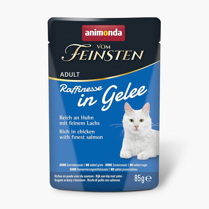 Animonda Vom Feinsten Adult Raffinesse Hrană pentru pisici în jeleu cu pui și carne de vită (24 X 85 G), hrană umedă cu taurină și vitamina D3, fără adaos de soia, zahăr și conservanți