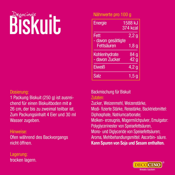 DECOCINO Biskuit Backmischung (250 G) – Einfache Zubereitung – Gelingsicher – Zum Backen Von Luftigen Biskuitböden, Creme-Torten, Biskuitrollen Uvm.