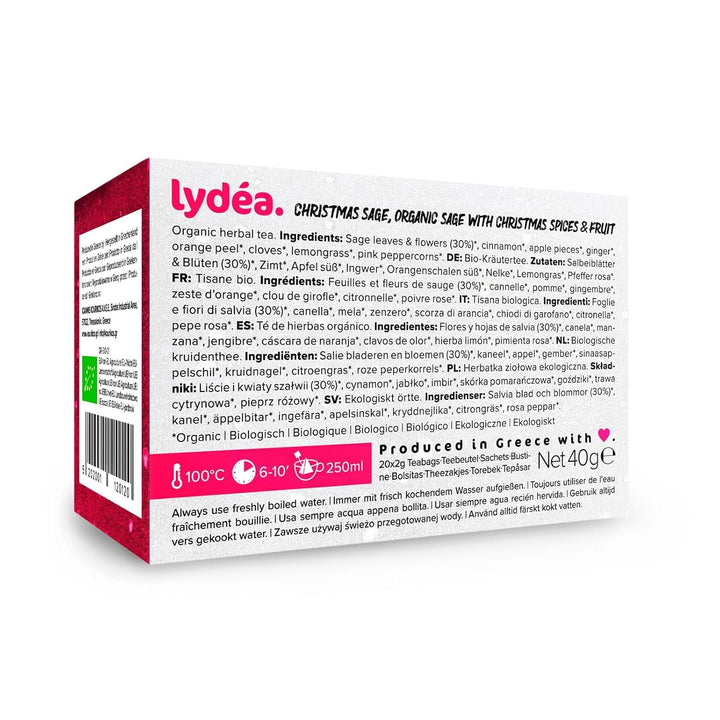 Lydea Bio-Salvie – Ceai de plante aromatice minunat, cu condimente și fructe întregi, fără cofeină, 60 piramide, pachet de 3 [3 x 20 piramide]