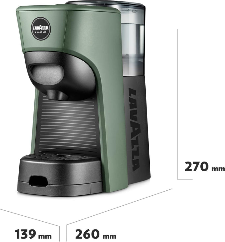 Lavazza, un aparat de cafea Modo Mio Tiny Eco Green cu 64 de capsule asortate, espressor fabricat din plastic reciclat, 1450 W, 220-240 V, 50/60 Hz, 0,6 litri