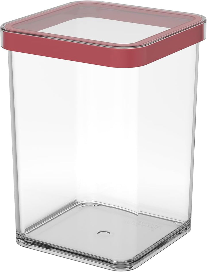 Rotho Loft set de 5 borcane de depozitare cu capac, diferite dimensiuni, plastic alimentar (PP) fără BPA, transparent/roșu, (21,4 x 21,4 x 23,5 cm) Cutii depozitare alimente Naty Shop 1 L pătrat