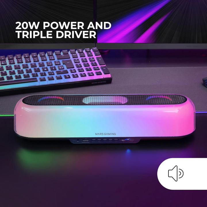 Mars Gaming MSB-ORB, Tragbarer Lautsprecher + Soundbar 20W, Orbilight RGB 360° Beleuchtung, Soundbar Mit Triple-Driver-System, Gaming-Lautsprecher Bluetooth 5.3 / Usb/Microsd/Aux/Fm, Schwarz