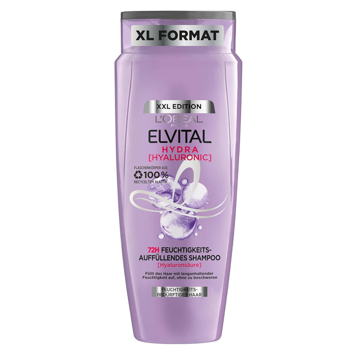 L'Oréal Paris Elvital Hydra Hyaluronic Feuchtigkeitsspendendes XXL Shampoo Für Glänzendes Haar, Hyaluron Shampoo Für Einen Feuchtigkeitsboost & Schutz, Langanhaltende Feuchtigkeit Und Pflege, 1000Ml