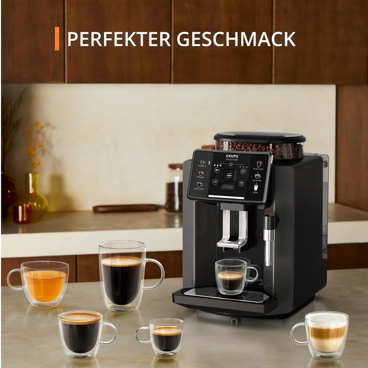 Aparat de cafea complet automat Krups Sensation, duză de spumare a laptelui, 5 băuturi, funcție de cafea cu filtru, funcție de 2 cești, filtru de cafea, negru, EA910810