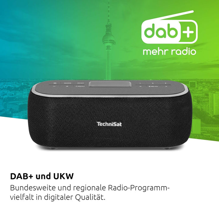 Technisat VIOLA BT 1 - Difuzor Bluetooth portabil cu radio digital DAB+ (FM, DAB, ceas, alarmă cu temporizator, memorie favorite, LCD, funcție mâini libere, aux-in, baterie reîncărcabilă, cablu de încărcare USB-C, 6W) negru/gri