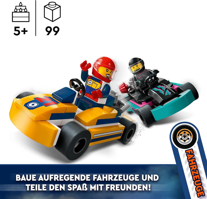 LEGO City Go-Karts cu piloți, set cu 2 minifigurine de piloți și mașini de curse, jucărie pentru mașini de la 5 ani pentru băieți și fete, cadou distractiv pentru copii 60400