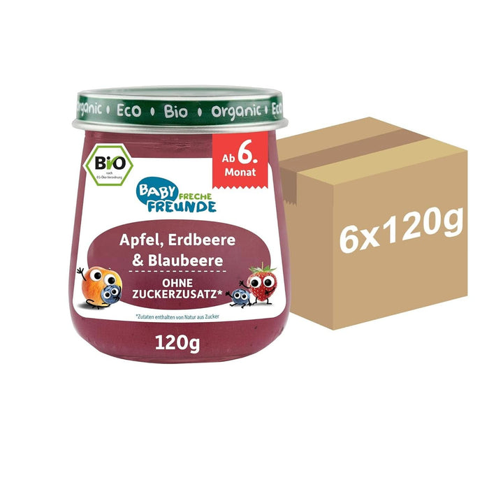 BABY FRECHE FREUNDE Bio Gläschen Abendbrei Banane, Apfel Mit Grieß Für Babys Ab 6 Monaten, Ohne Zuckerzusatz, 6 X 190G