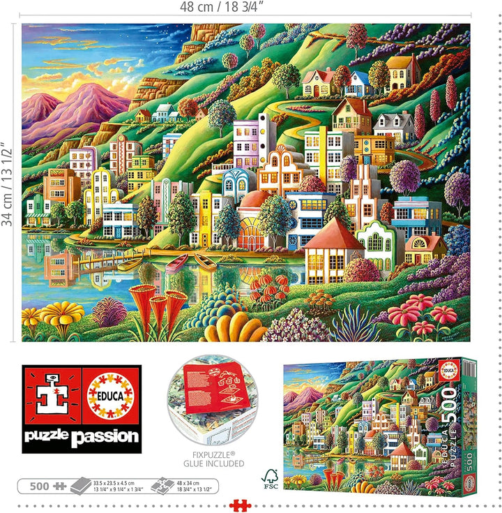 Educa - Puzzle 500 piese pentru adulți | Satul colorat de lângă lac, puzzle 500 piese pentru adulți și copii de la 11 ani, puzzle peisaj, ilustrație (19552)