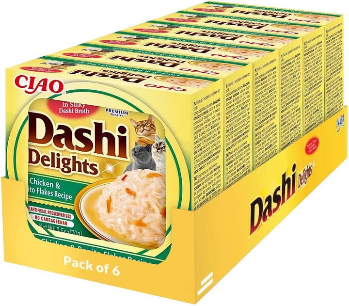INABA Dashi Delights Hrană umedă pentru pisici 100% pui natural | Fără cereale, fără zahăr, fără arome artificiale, 86% umiditate | Tratamente premium pentru pisici în bulion 70 G (pachet de 6)