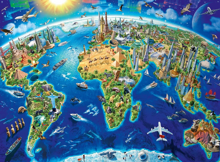 Ravensburger children's puzzle - 12722 Big, wide world - Puzzle harta lumii pentru copii de 8 ani și peste, cu 200 de piese în format XXL