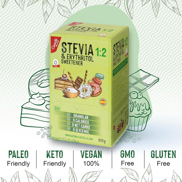 Stevia + Erythrit 1:2 Süßstoff | 204 Beutel Mit 2,5 G | 100% Natürlicher Zuckerersatz - 0 Kalorien - 0 Glykämischer Index - Keto Und Paleo - 0 Kohlenhydrate - Kein GVO - Castello since 1907-510 G