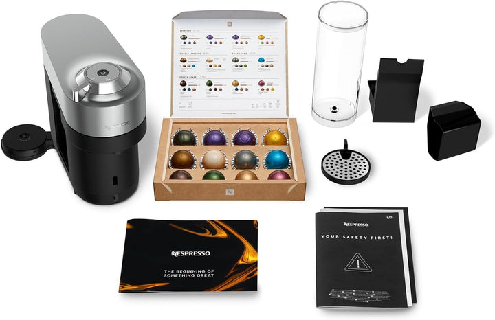 Espressor cu capsule Nespresso Krups Vertuo Pop plus, capacitate rezervor de apă de 1,1 l, design ultracompact cu o înălțime de doar 26,5 cm, sistem cu o singură atingere, 4 dimensiuni de cești, titan, XN930T