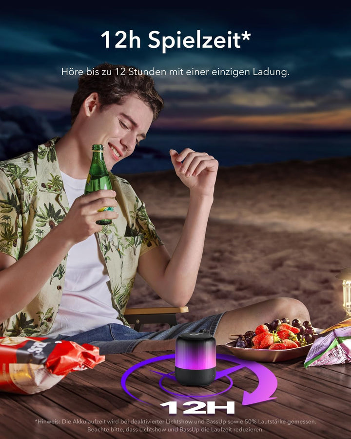 Soundcore Glow Mini Speaker, difuzor Bluetooth portabil, sunet 360°, spectacol de lumini, 12 ore de redare, EQ și lumină personalizabile, IP67 rezistent la apă și praf, pentru camping, acasă și petreceri pe plajă