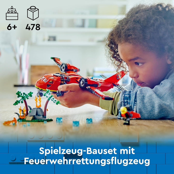 LEGO City Firefighting Plane, Set de pompieri cu avion jucărie pentru copii, set de construcție cu 3 figuri de pompieri și decor de incendiu, idee excelentă de cadou pentru băieți și fete de la 6 ani 60413