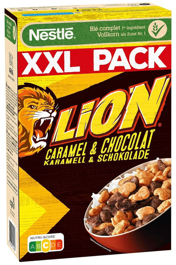 Cereale NESTLE LION, Cereale de ciocolată cu caramel și 41% făină integrală, set 3 x 1 Kg