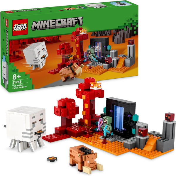 LEGO Minecraft Ambush la portalul Nether, jucărie de jocuri în Nether pentru copii cu scene de luptă și figuri legendare, inclusiv Ghast, cadou pentru băieți și fete gamer de la 8 ani 21255