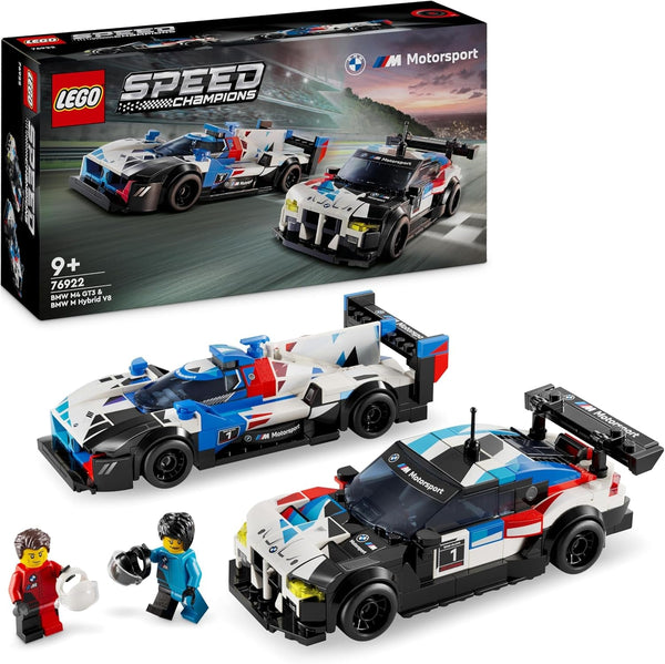 Jucărie LEGO Speed Champions BMW M4 GT3 & BMW M Hybrid V8 Race Car cu 2 modele de mașini construibile și 2 minifigurine de șofer de curse, cadou pentru băieți, fete de la 9 ani, model de mașină 76922
