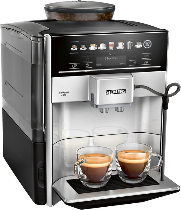 Aparat de cafea complet automat SIEMENS EQ6 plus S300 TE653501EN, Pentru multe specialități de cafea, spumă de lapte, râșniță ceramică, funcție de cupă dublă, anticalcar, curățare automată cu abur, 1500 W, Argint