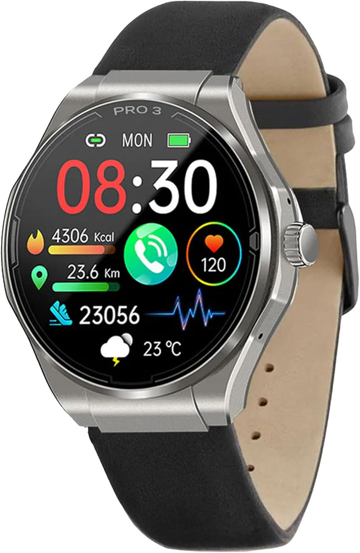 PRO 3 (2024) Silver - Ceas de sănătate Smartwatch cu funcție de telefonie - ECG + HRV și funcție SOS - Afișaj AMOLED- BT Bluetooth - Sleep apnoea - Curea siliconică Negru, 14-24, rotund